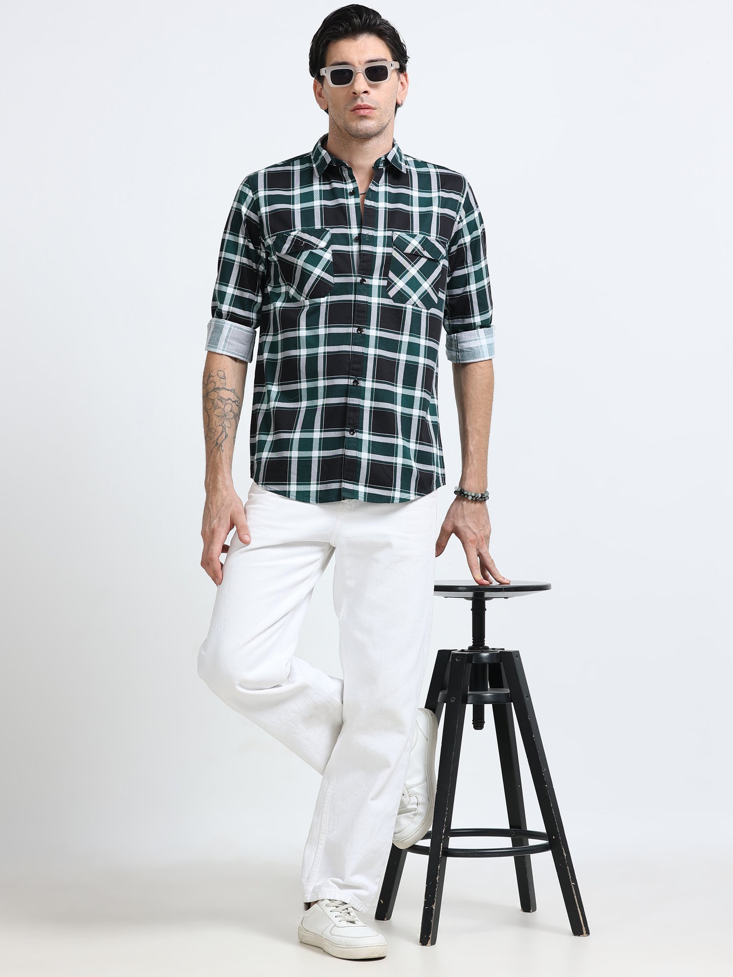100% Cotton Twill Checks green Shirt