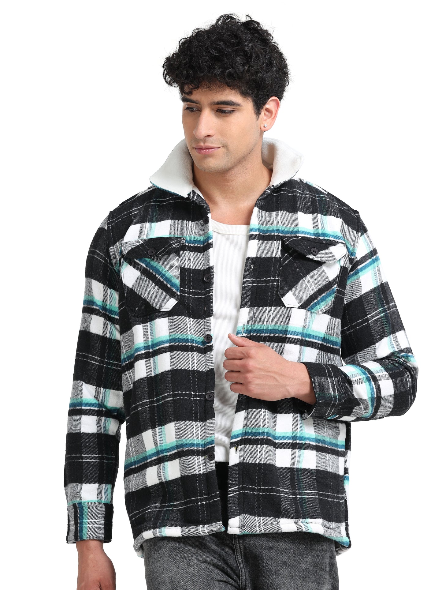 Twill Brushed Checks Full collared green Shirt