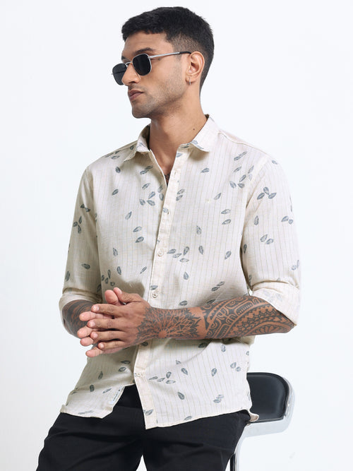 100% Cotton lino Print beige Shirt