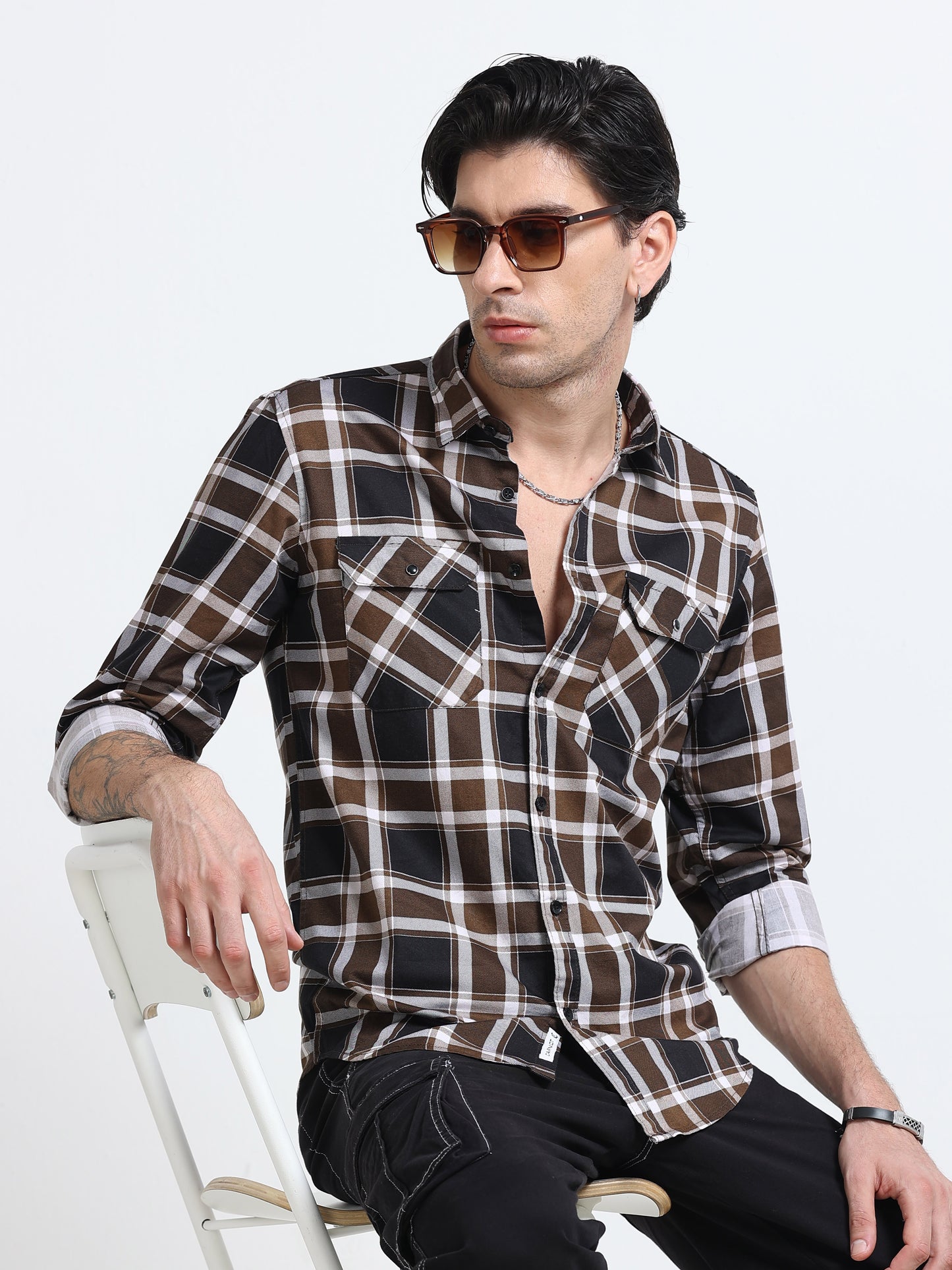 100% Cotton Twill Checks brown Shirt