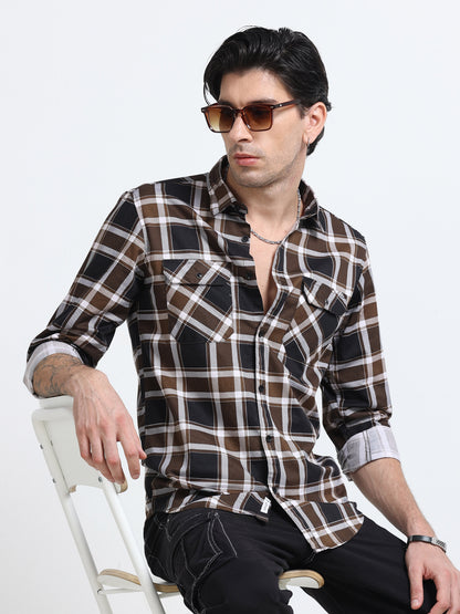 100% Cotton Twill Checks brown Shirt
