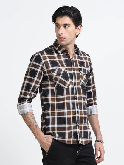 100% Cotton Twill Checks brown Shirt