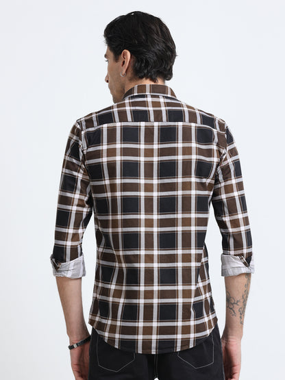 100% Cotton Twill Checks brown Shirt