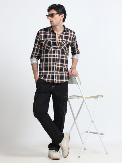 100% Cotton Twill Checks brown Shirt