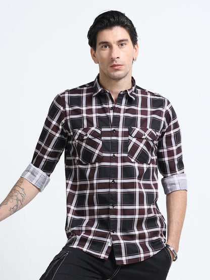 100% Cotton Twill Checks maroon Shirt
