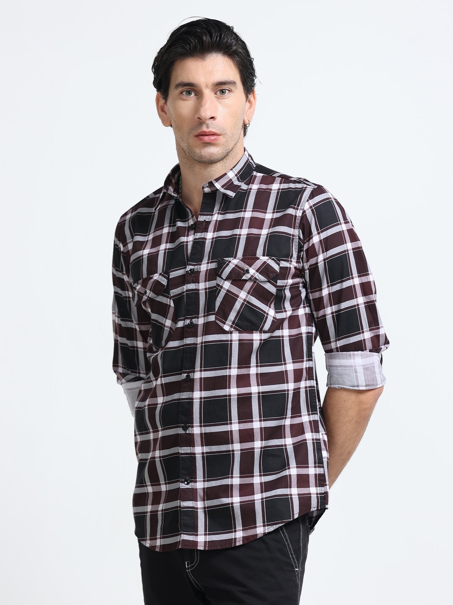 100% Cotton Twill Checks maroon Shirt