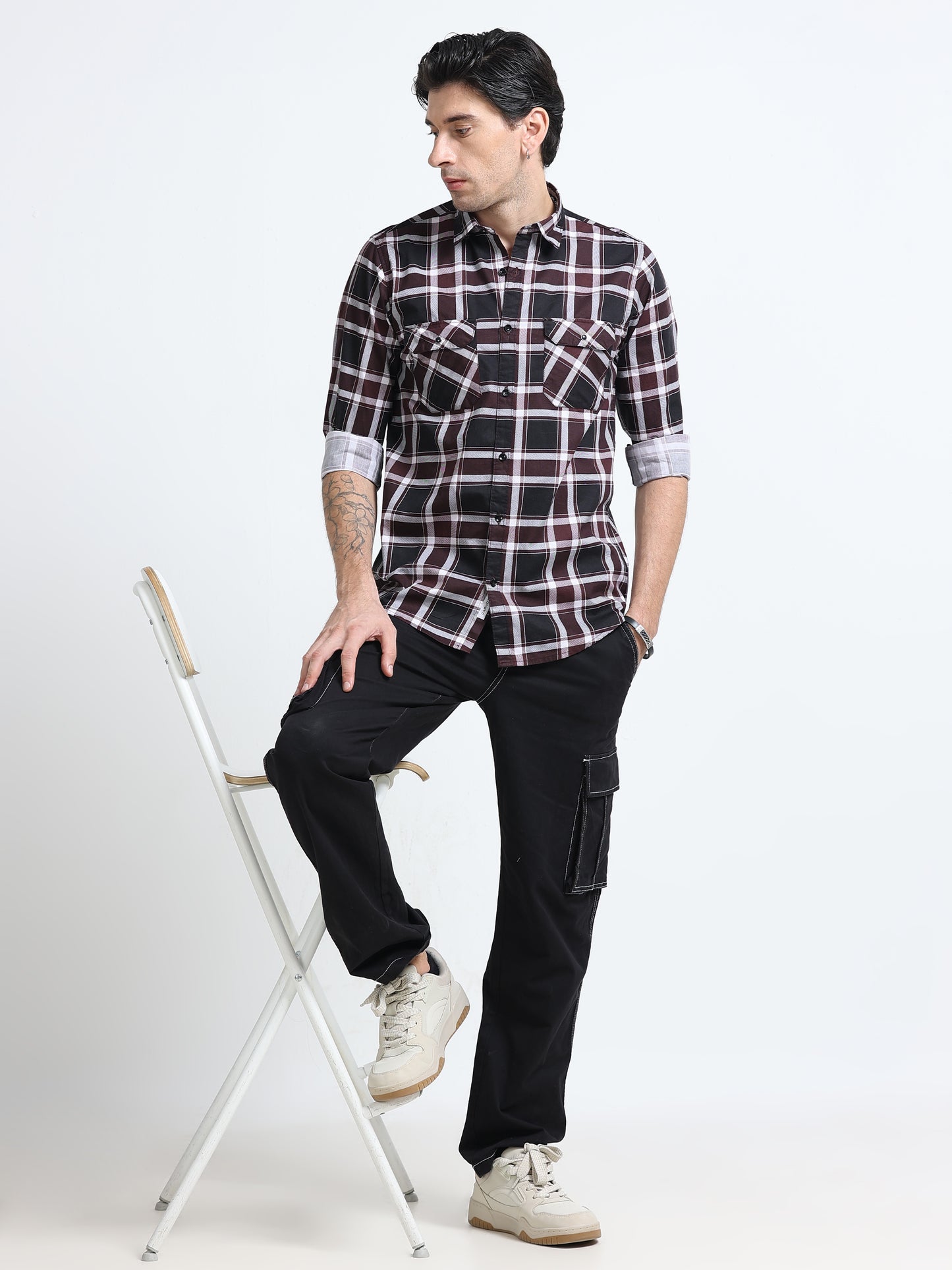 100% Cotton Twill Checks maroon Shirt