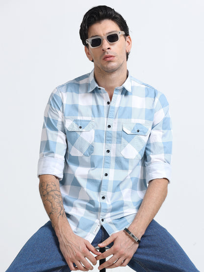 100% Cotton Twill Checks blue Shirt