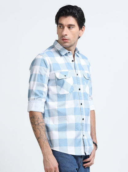 100% Cotton Twill Checks blue Shirt
