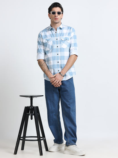 100% Cotton Twill Checks blue Shirt