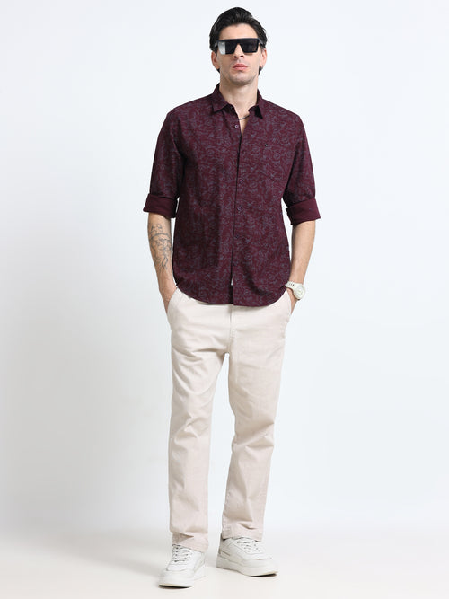 100% Cotton Oxford Print maroon Shirt