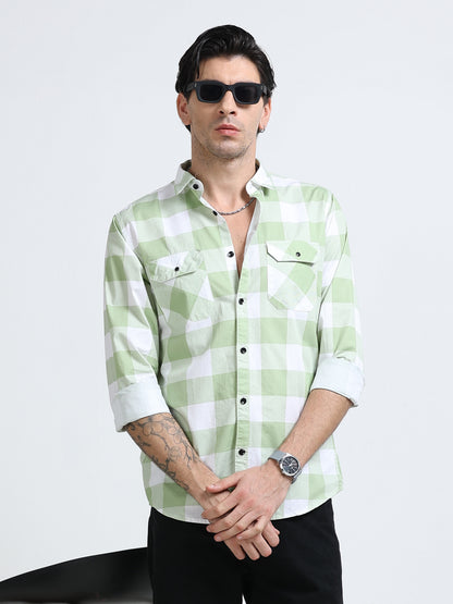100% Cotton Twill Checks green Shirt