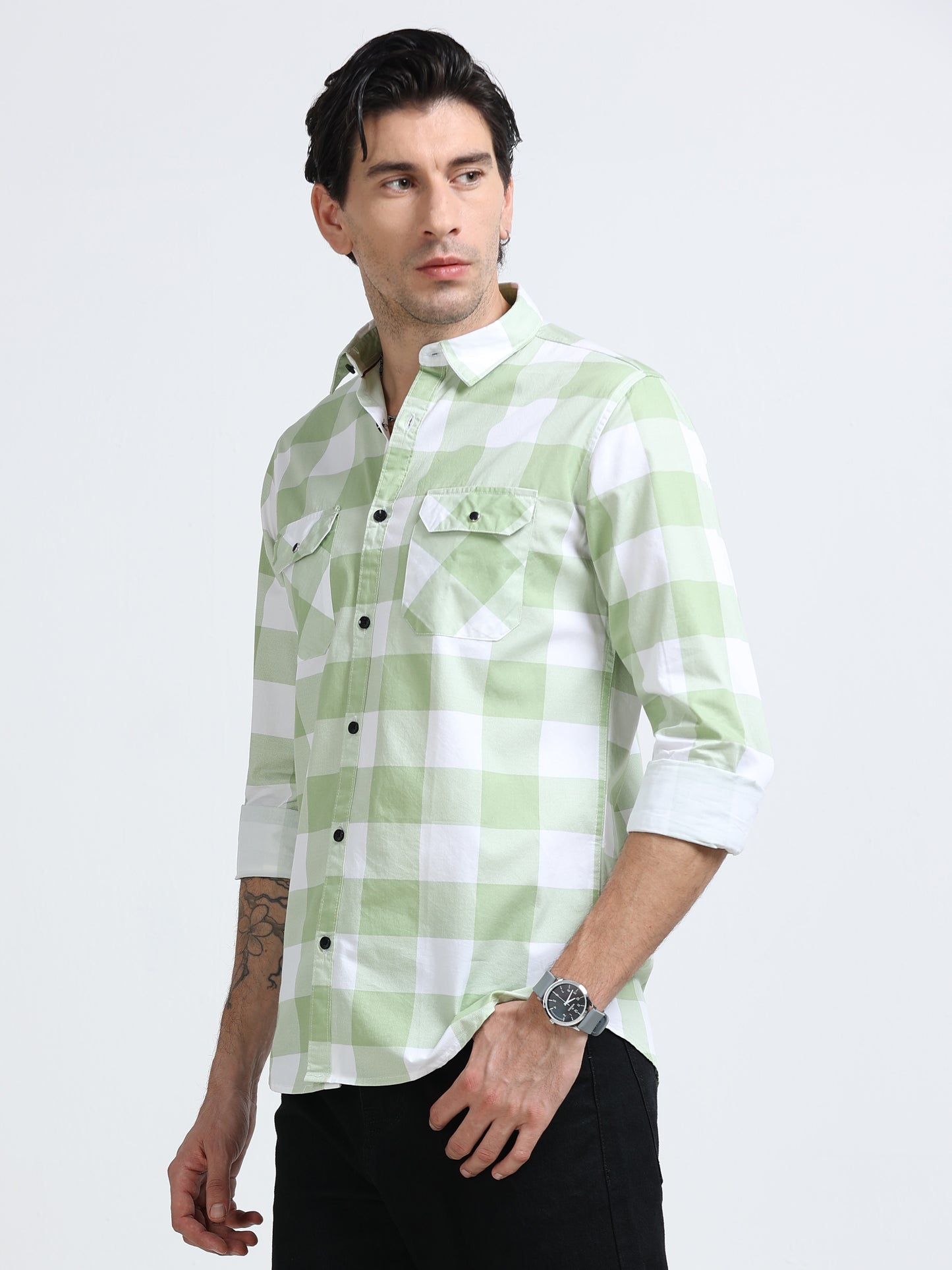 100% Cotton Twill Checks green Shirt