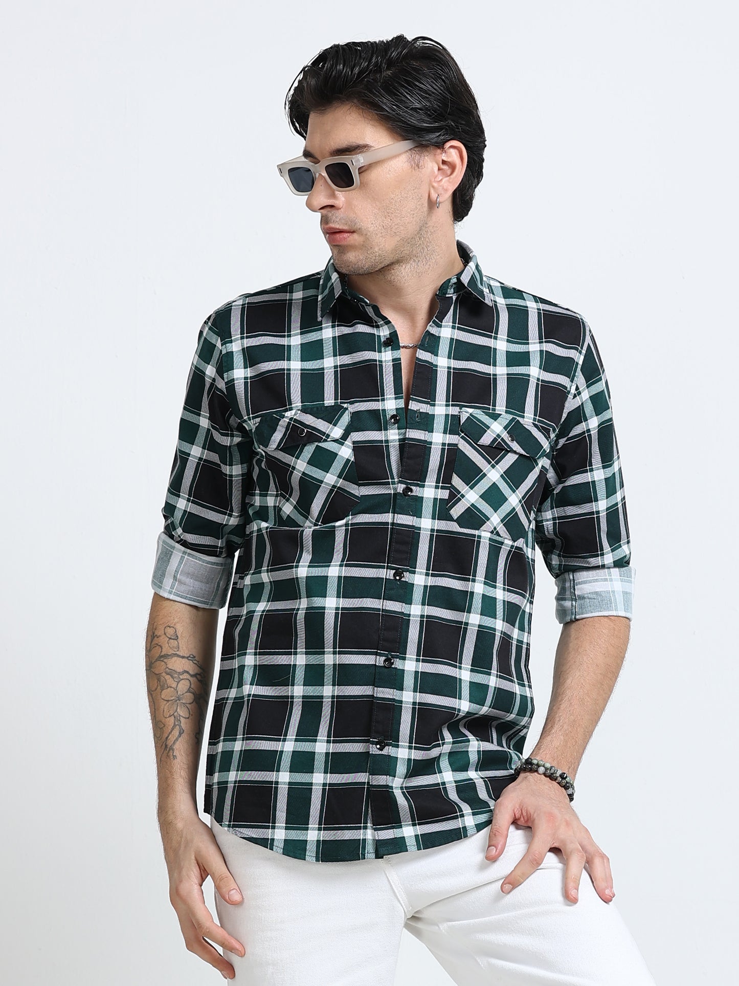 100% Cotton Twill Checks green Shirt