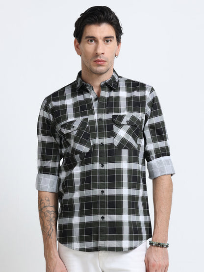 100% Cotton Twill Checks green Shirt