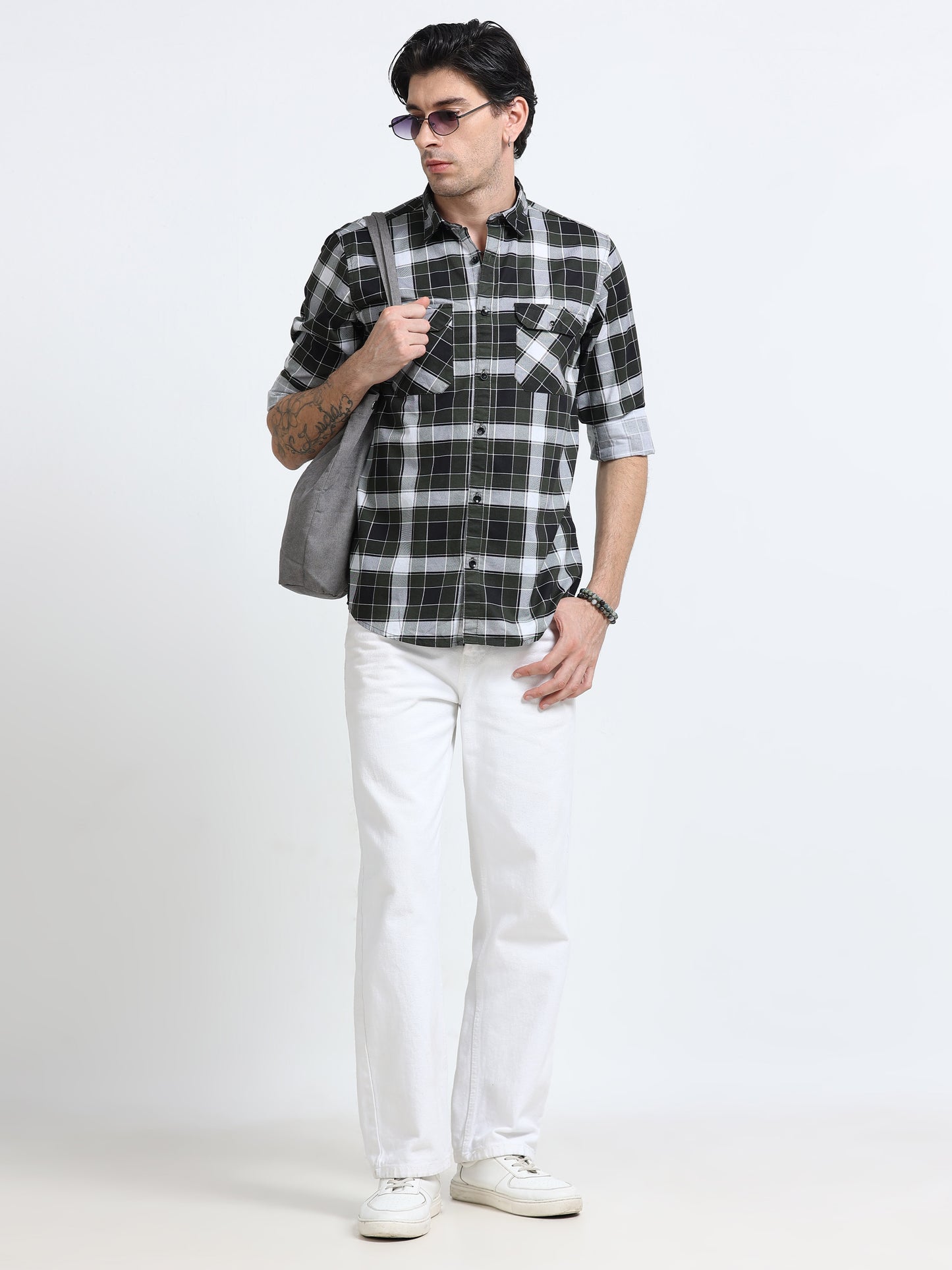 100% Cotton Twill Checks green Shirt