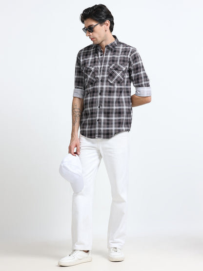 100% Cotton Twill Checks maroon Shirt