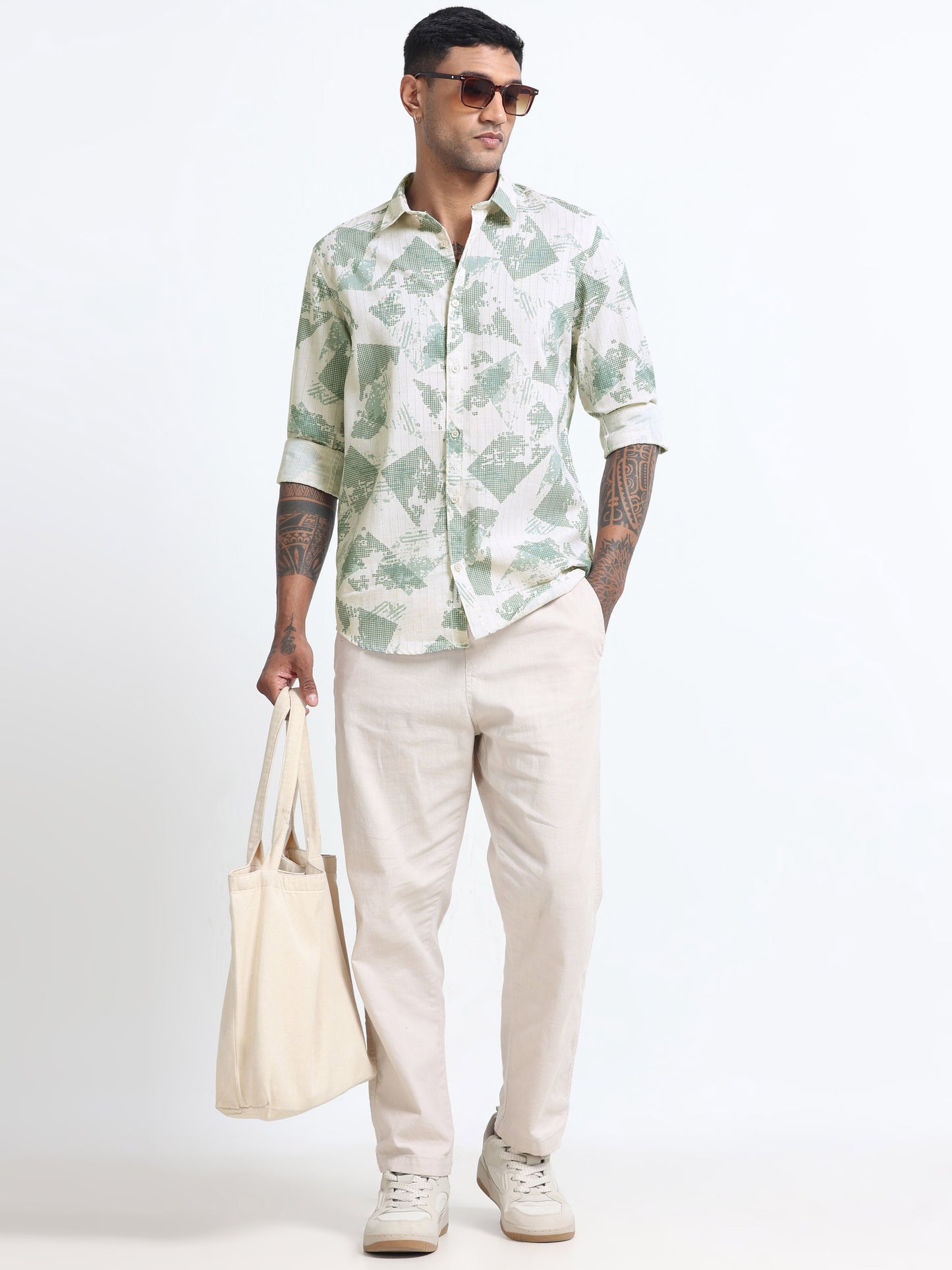 100% Cotton lino Print beige Shirt
