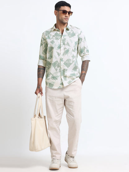 100% Cotton lino Print beige Shirt