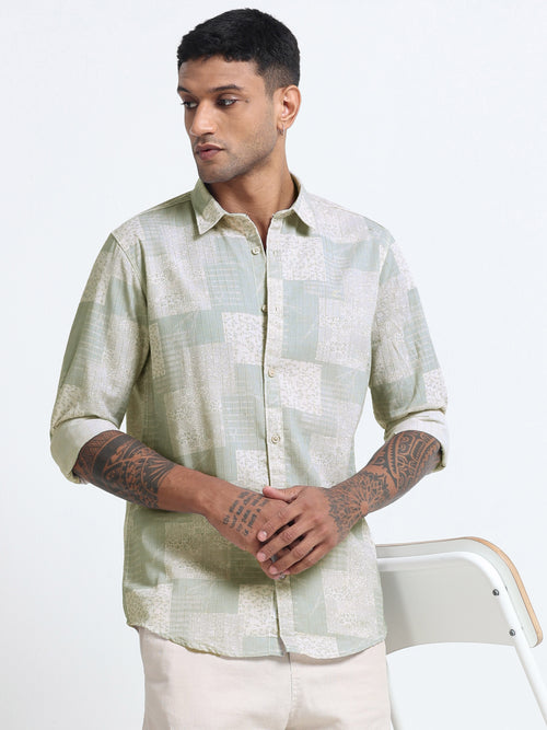 100% Cotton lino Print beige Shirt