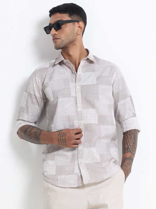 100% Cotton lino Print beige Shirt
