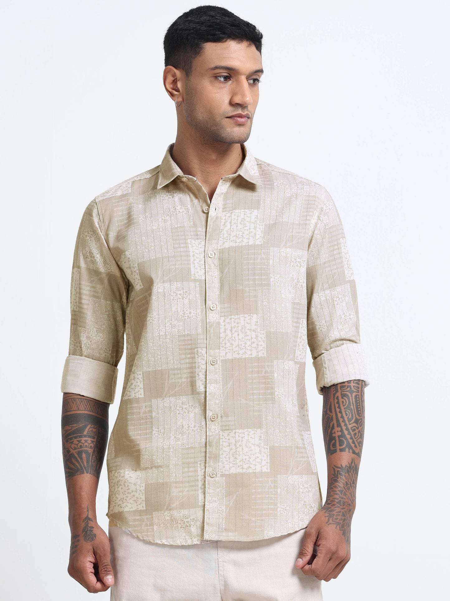 100% Cotton lino Print beige Shirt