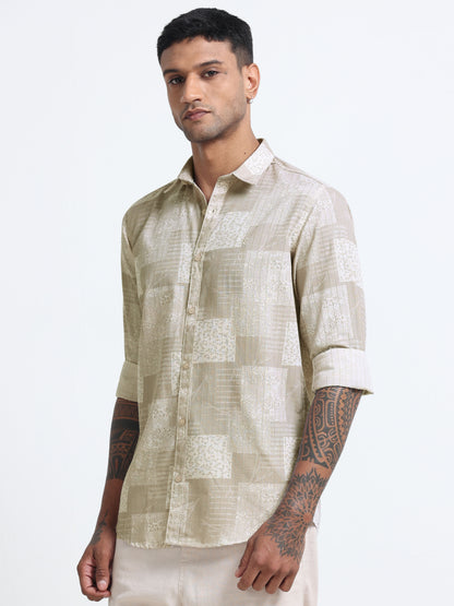 100% Cotton lino Print beige Shirt
