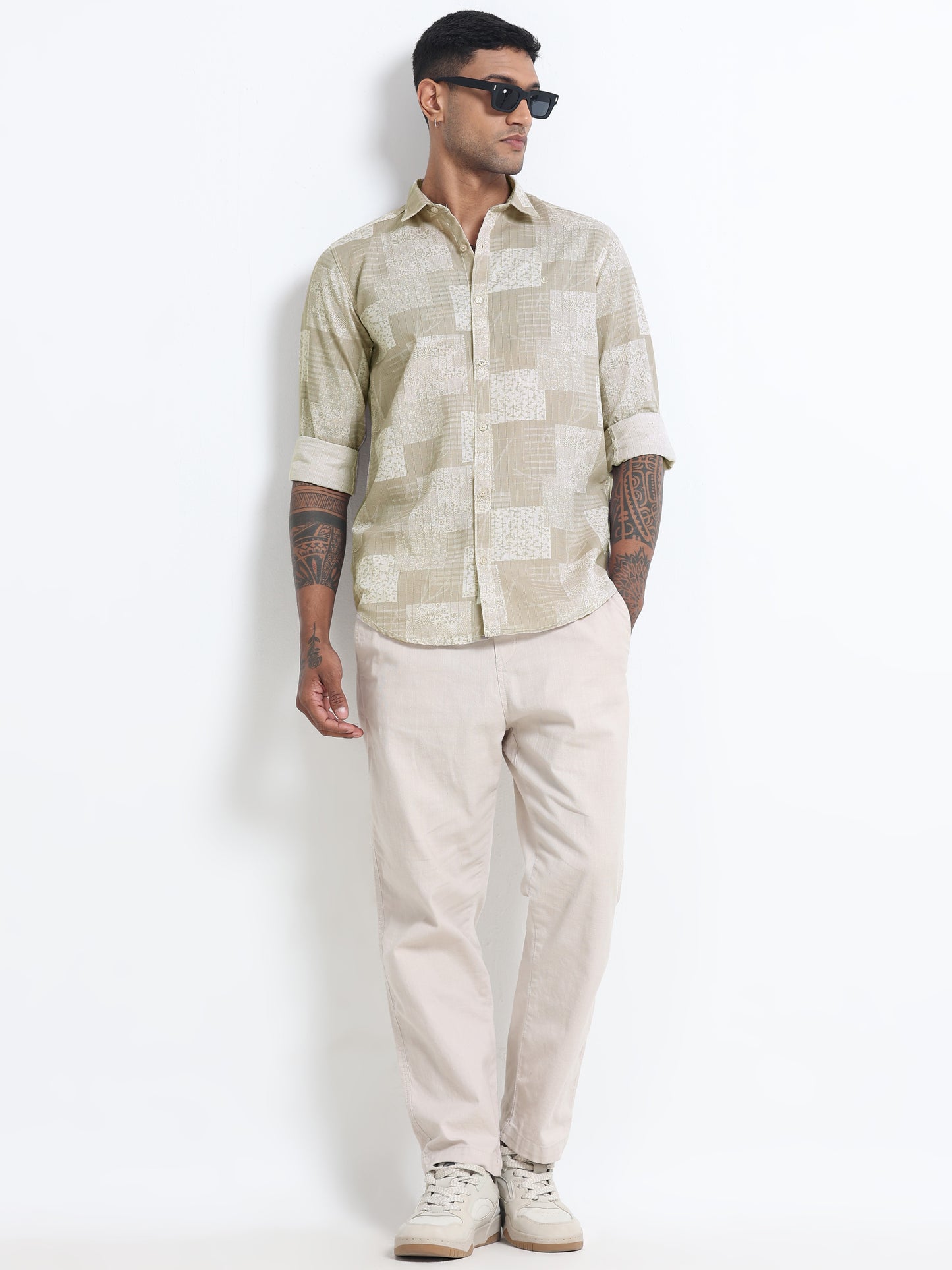 100% Cotton lino Print beige Shirt