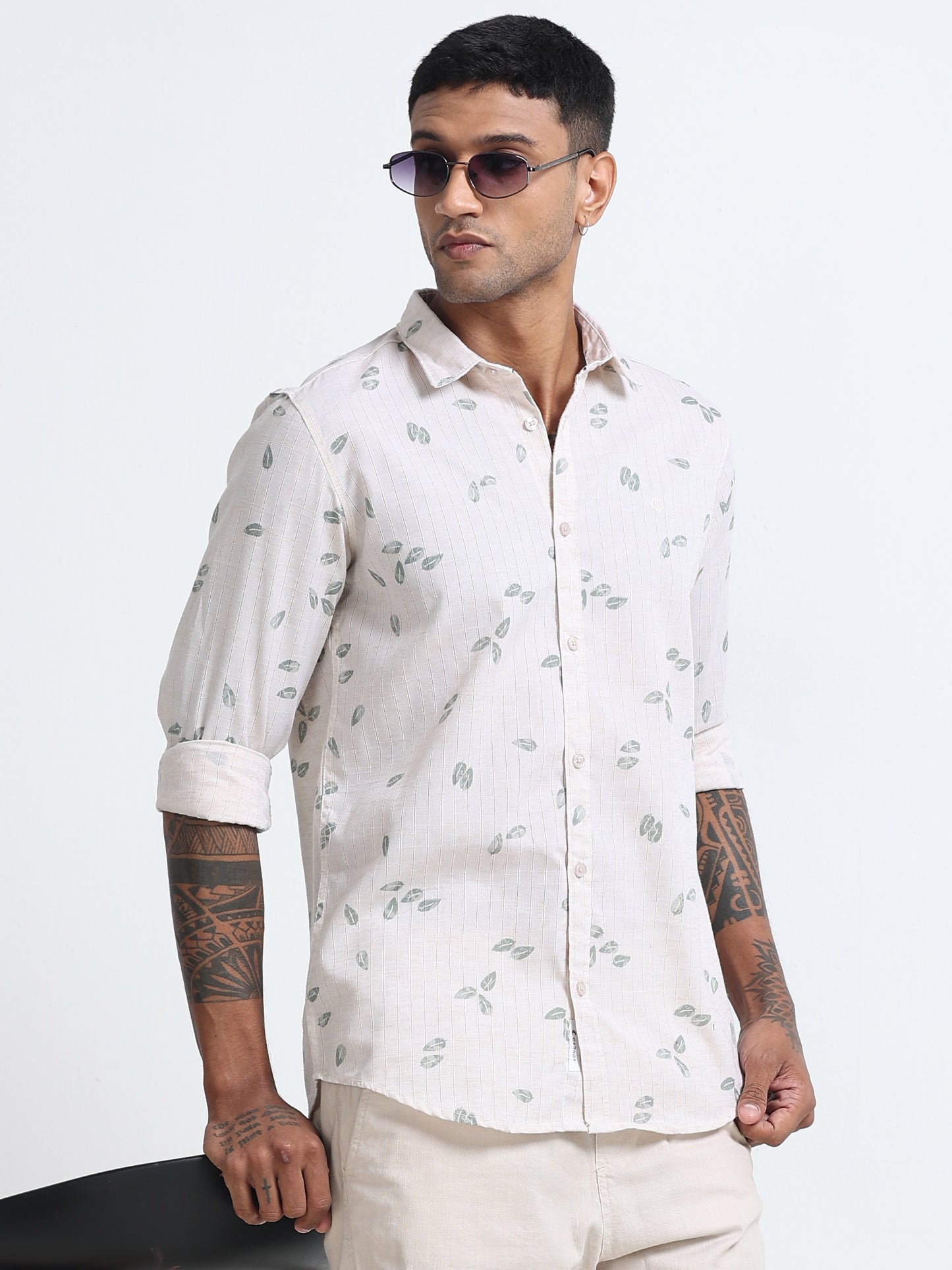 100% Cotton lino Print beige Shirt