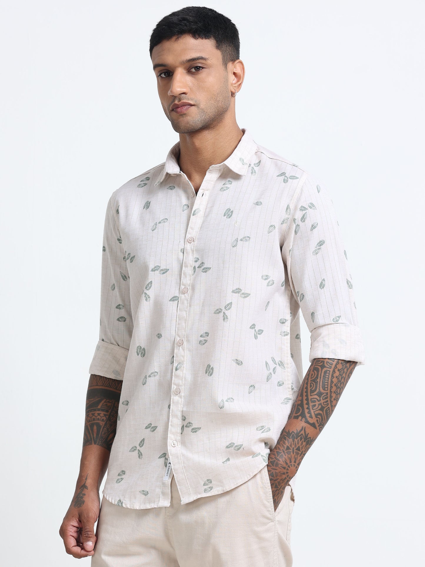 100% Cotton lino Print beige Shirt