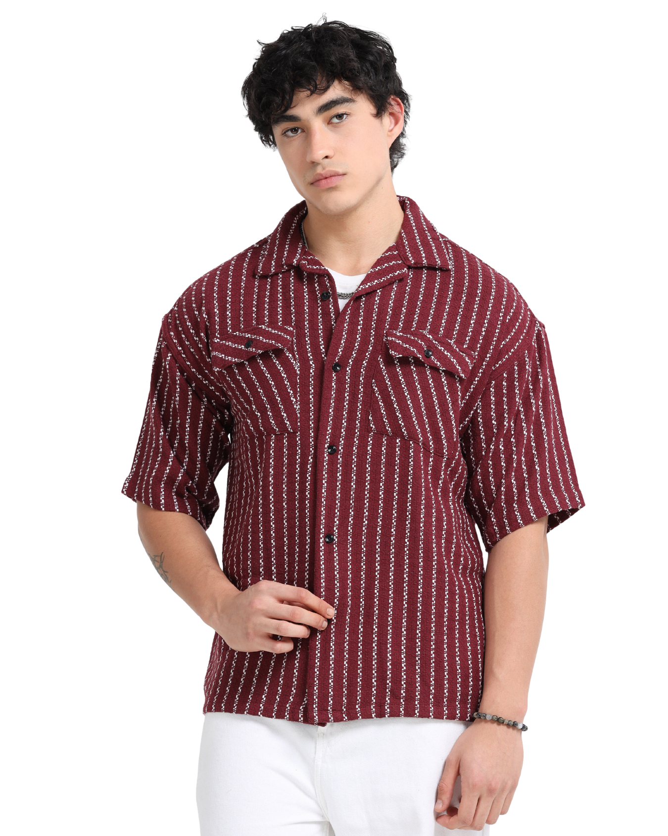 Drop Shoulder stripes dark red Shirt
