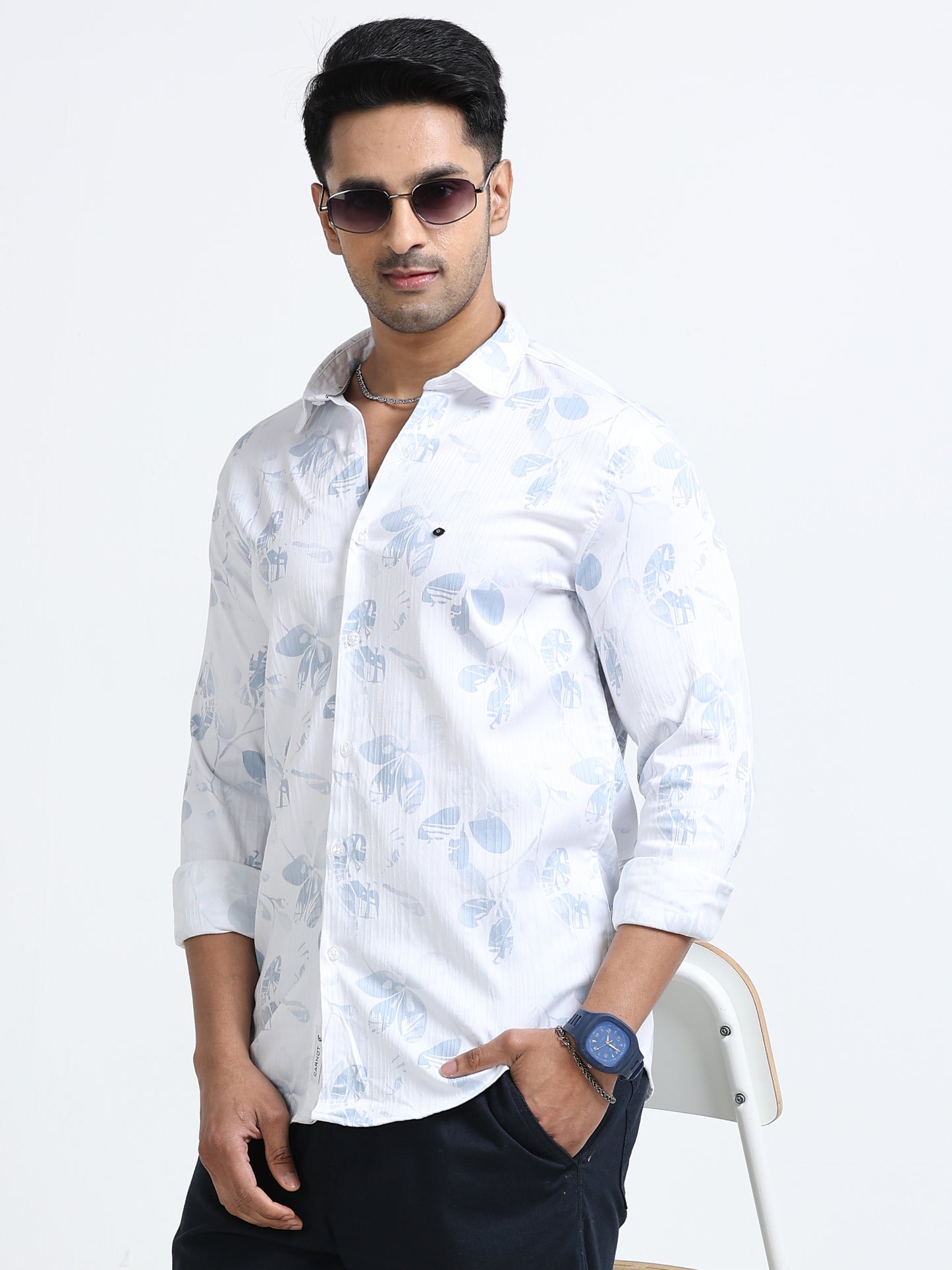Satin Floral Print blue Shirt