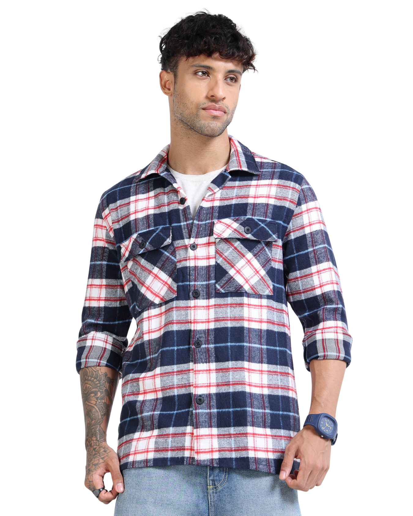 Twill Brushed Checks navy blue Shirt