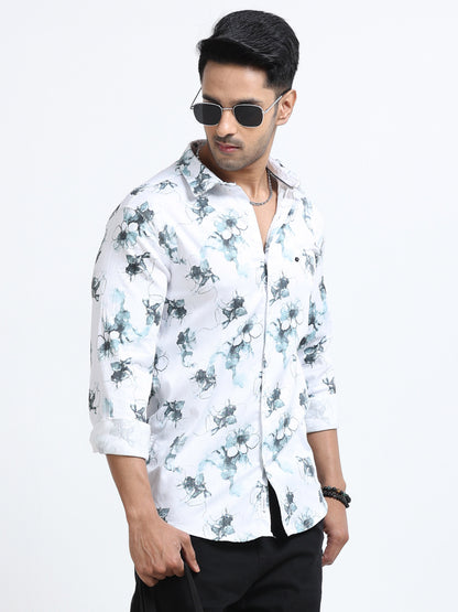 Satin Floral Print blue Shirt