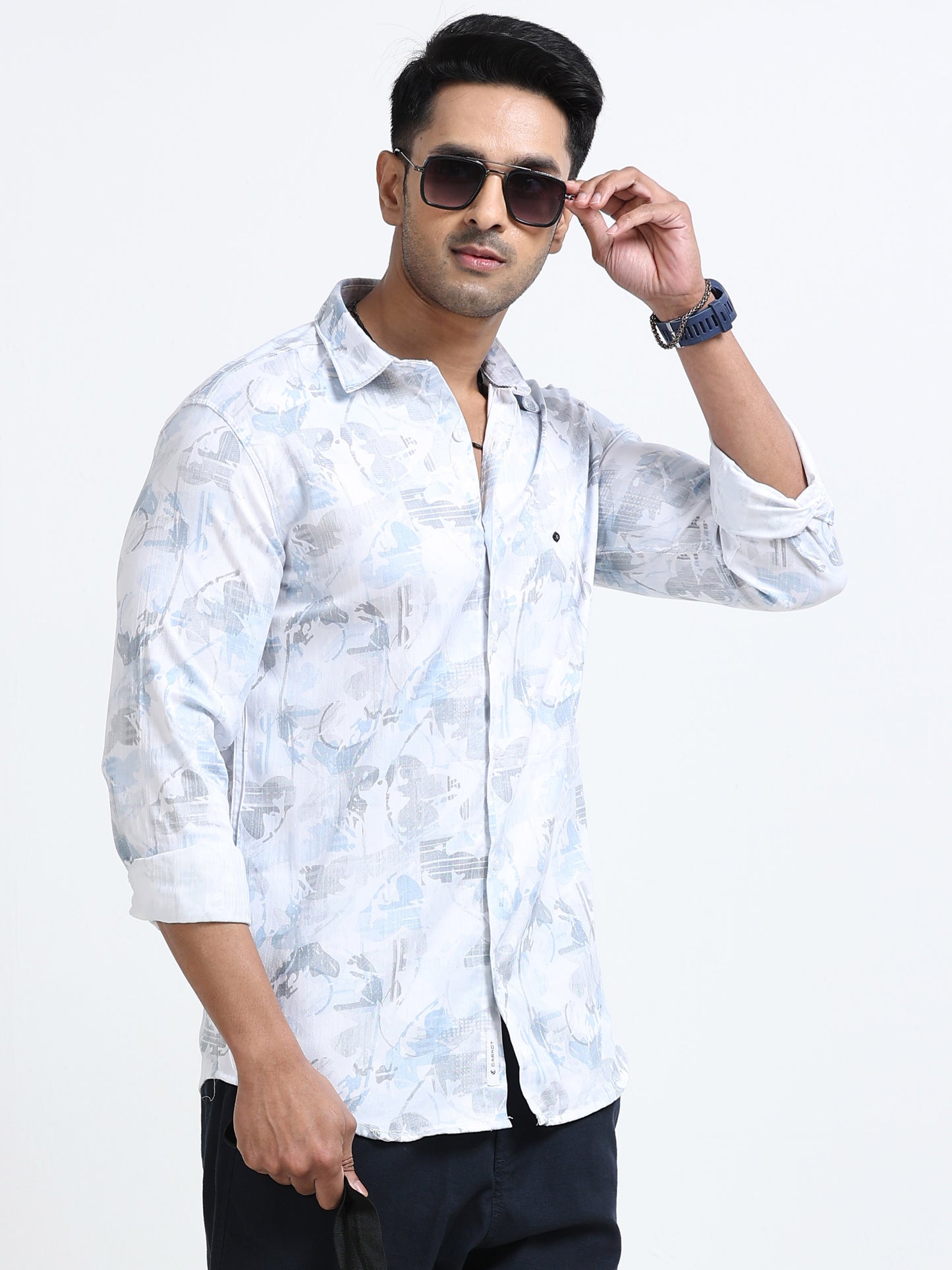 Satin Floral Print blue Shirt