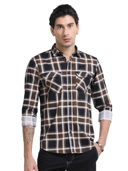 100% Cotton Twill Checks brown Shirt