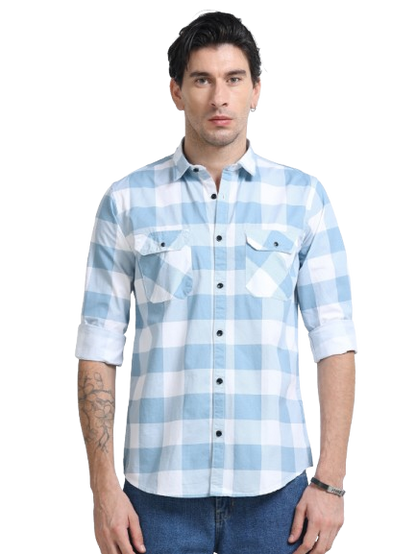 100% Cotton Twill Checks blue Shirt