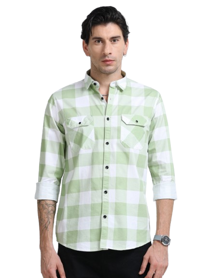 100% Cotton Twill Checks green Shirt