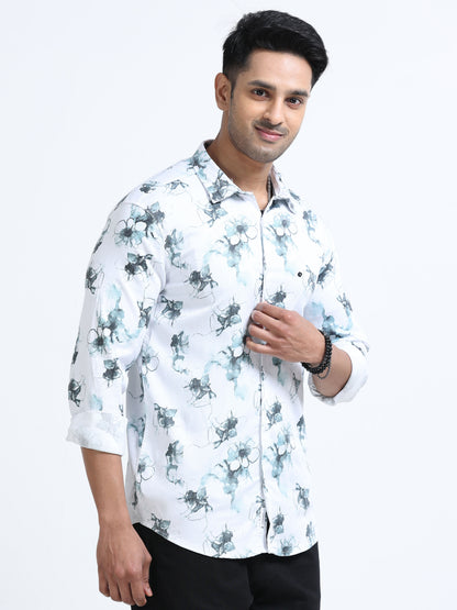 Satin Floral Print blue Shirt
