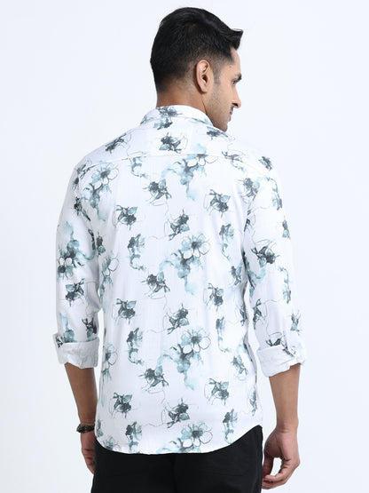 Satin Floral Print blue Shirt