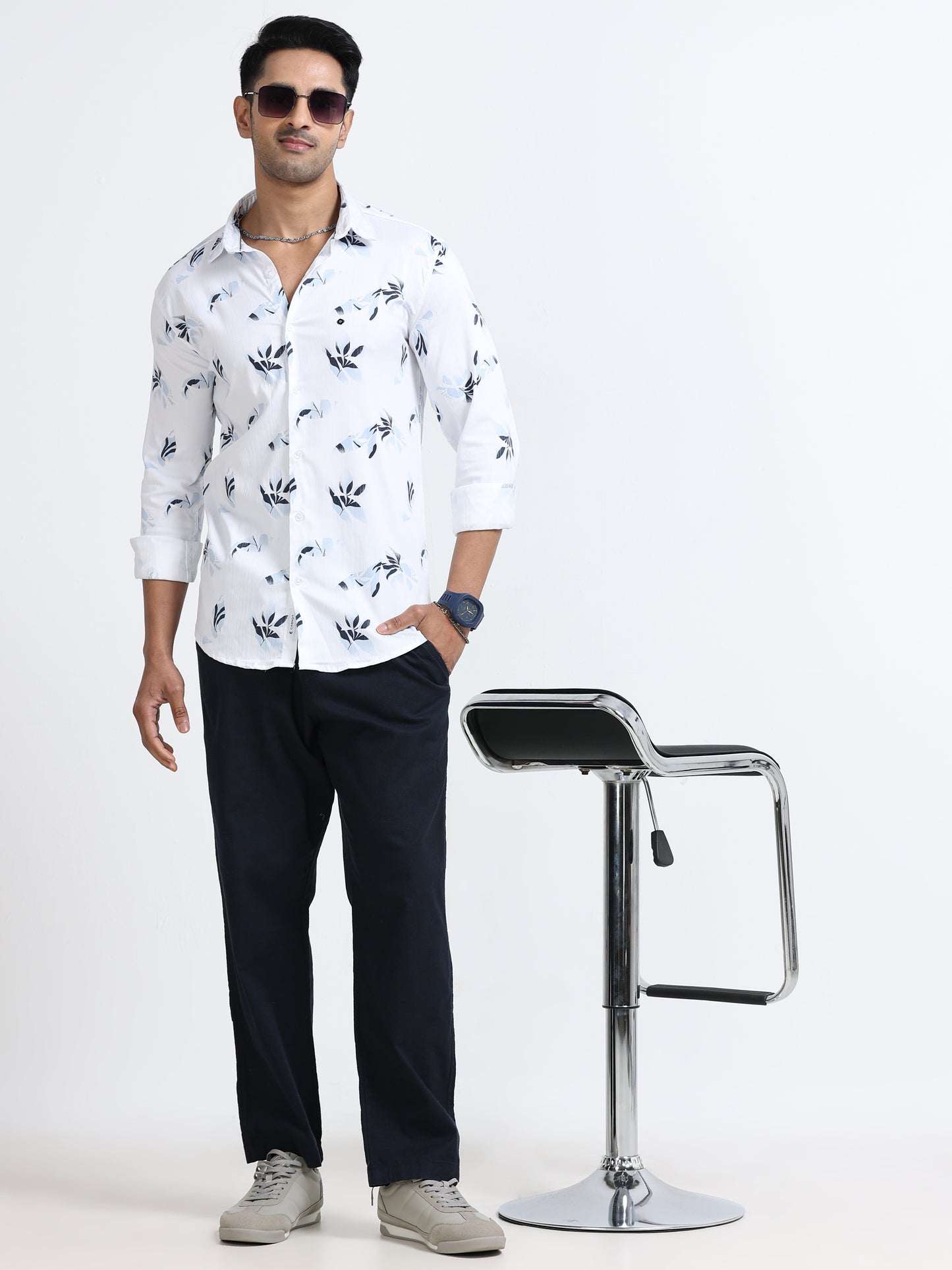 Satin Floral Print blue Shirt