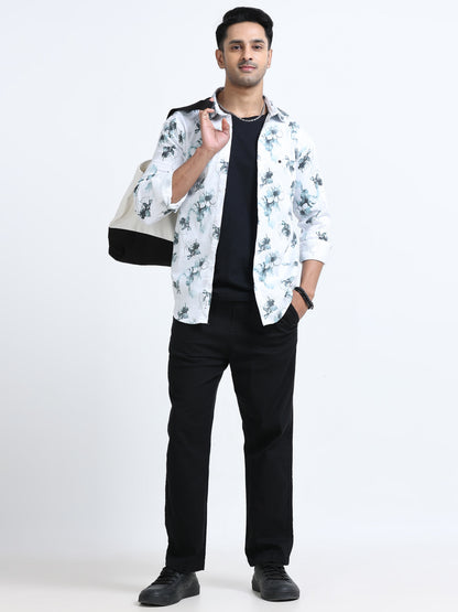 Satin Floral Print blue Shirt