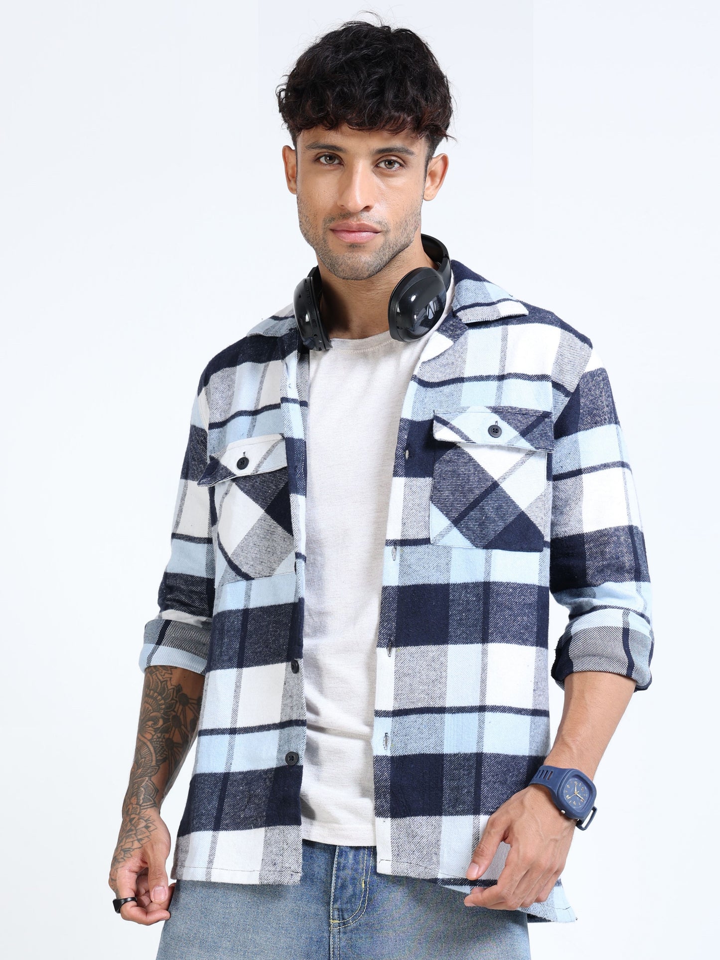 Twill Brushed Checks sky blue Shirt