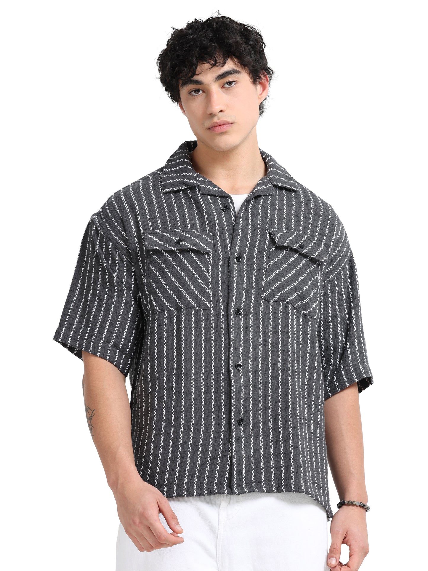 Drop Shoulder stripes dark grey Shirt