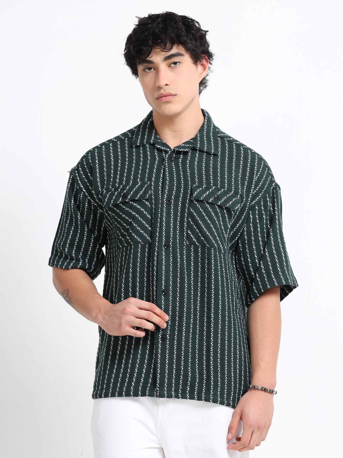 Drop Shoulder stripes dark green Shirt