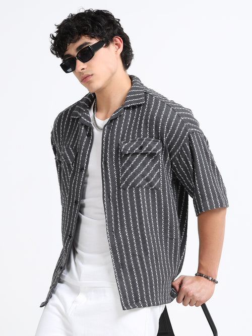 Drop Shoulder stripes dark grey Shirt