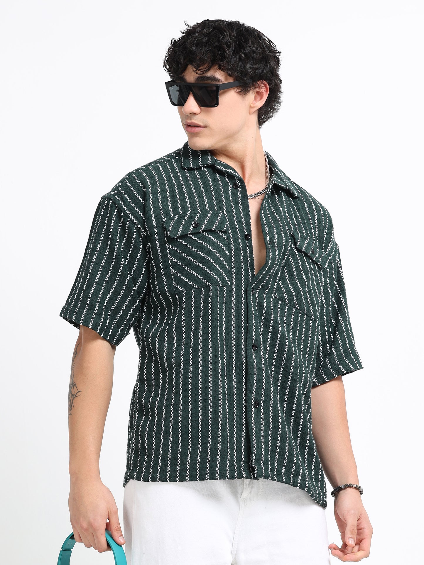 Drop Shoulder stripes dark green Shirt