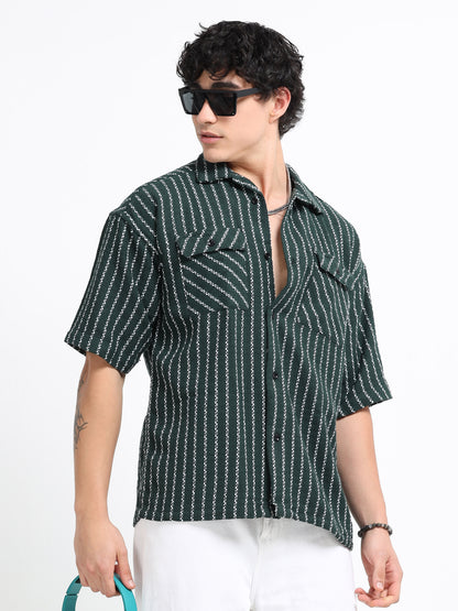 Drop Shoulder stripes dark green Shirt