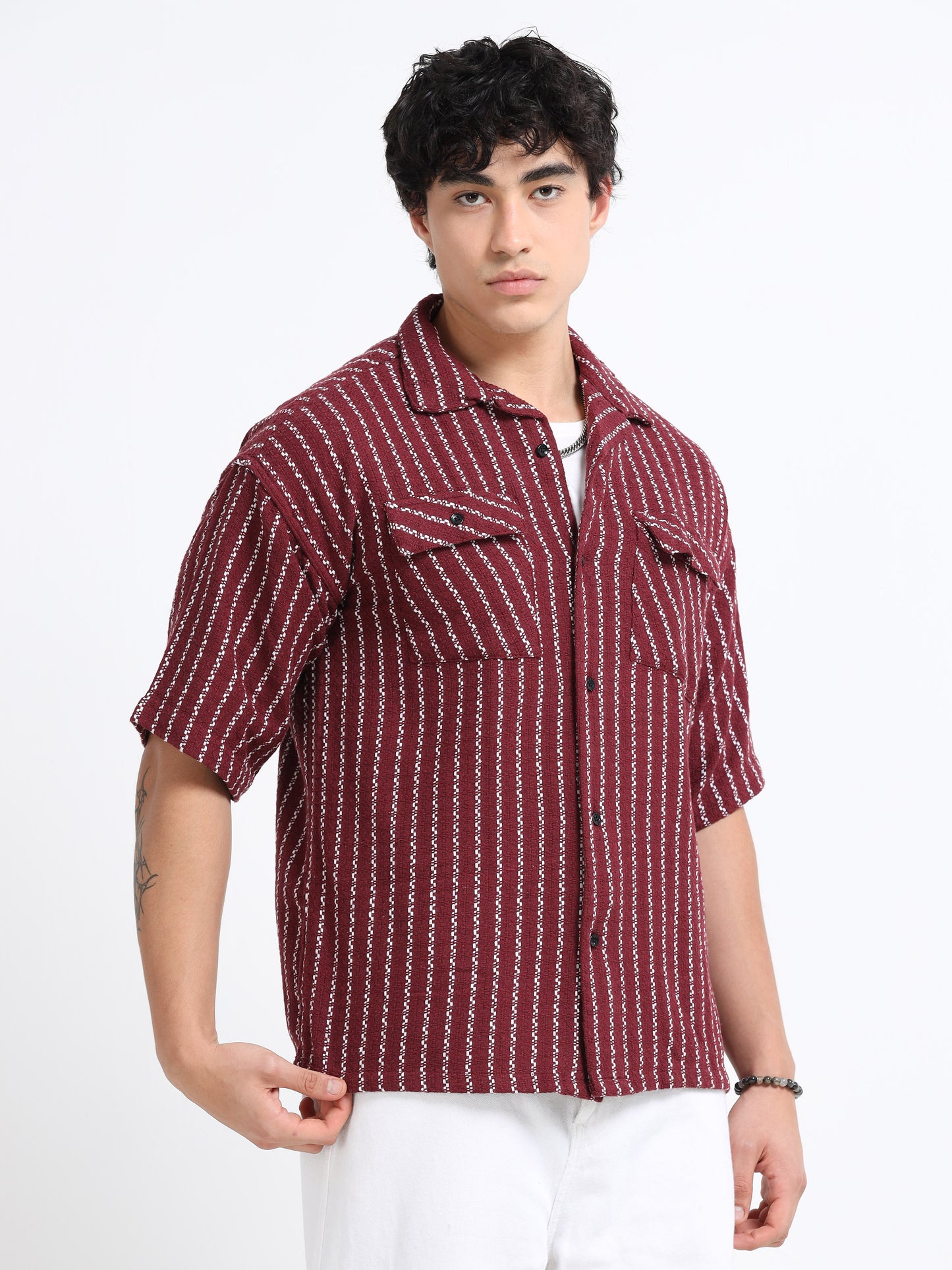 Drop Shoulder stripes dark red Shirt