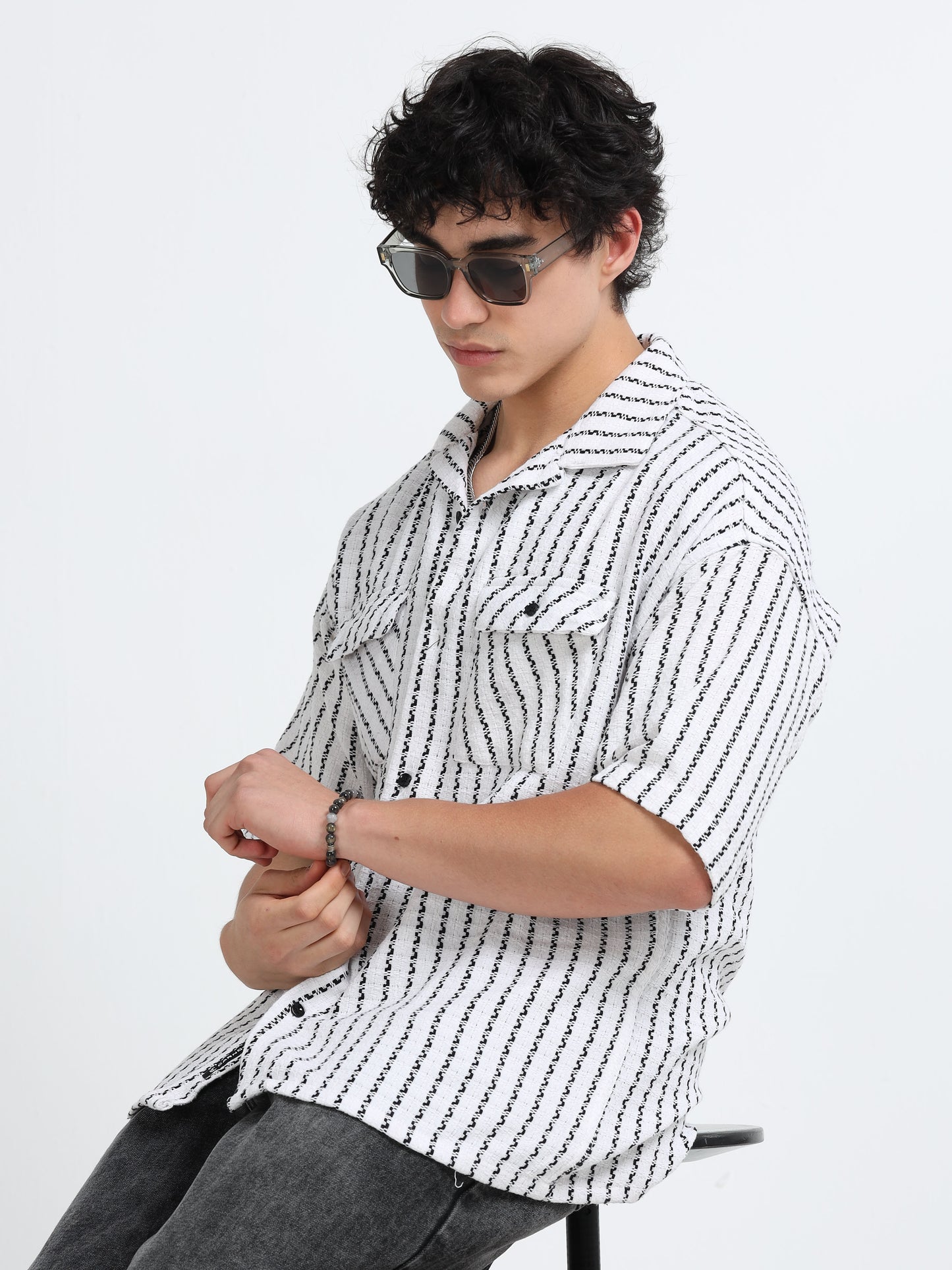 Drop Shoulder stripes white Shirt
